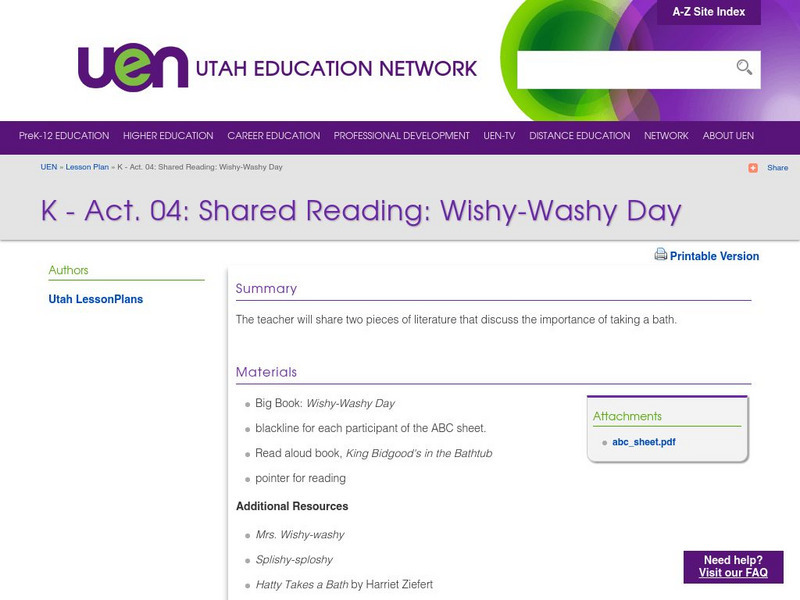 Uen: K Act. 04: Shared Reading: Wishy Washy Day Lesson Plan Uen: K Act. 04: Shared Reading: Wishy Washy Day Lesson Plan