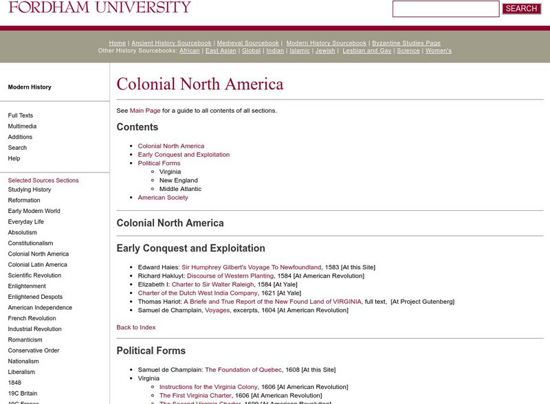 Fordham University: Modern History Sourcebook: Colonial North America Website Fordham University: Modern History Sourcebook: Colonial North America Website