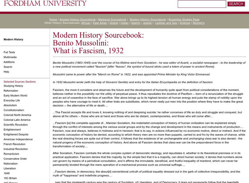 Fordham University: Modern History Sourcebook: Benito Mussolini What Is Fascism Handout Fordham University: Modern History Sourcebook: Benito Mussolini What Is Fascism Handout