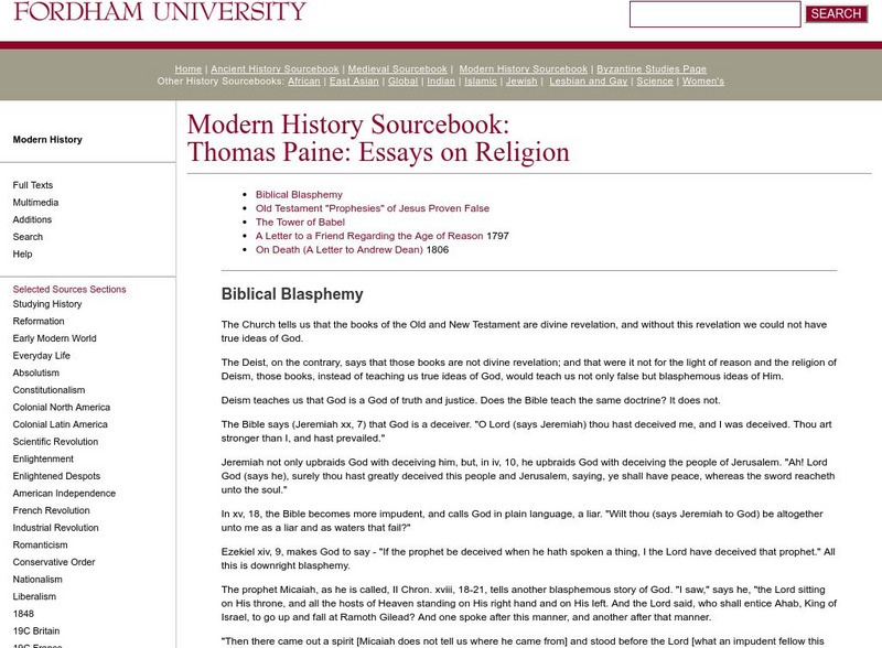 Fordham University: Modern History Sourcebook: Thomas Paine Primary Fordham University: Modern History Sourcebook: Thomas Paine Primary