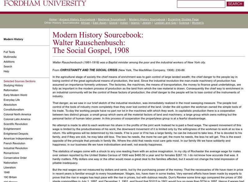 Fordham University: Modern History Sourcebook: The Social Gospel, 1908 Primary Fordham University: Modern History Sourcebook: The Social Gospel, 1908 Primary
