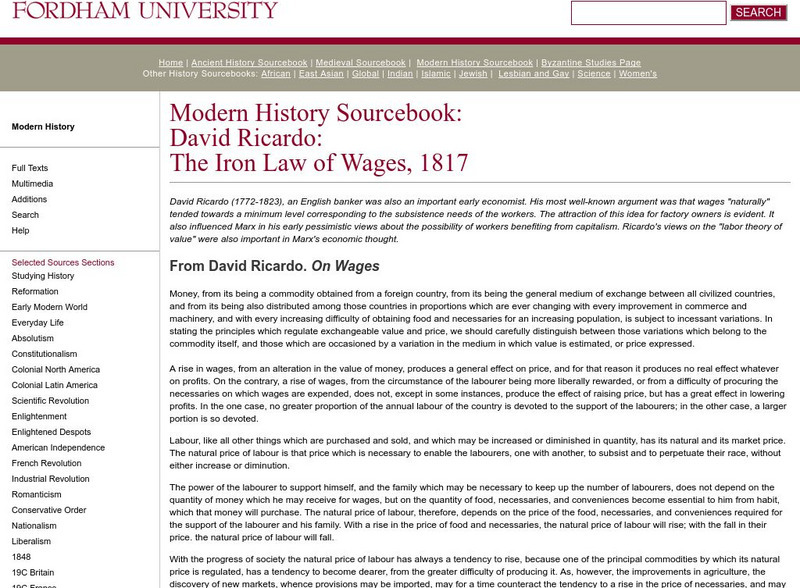 Fordham University: Modern History Sourcebook: The Iron Law of Wages, 1817 Handout