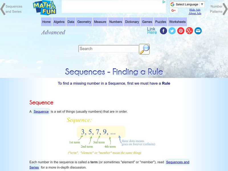 Math Is Fun: Sequences: Finding the Rule Activity Math Is Fun: Sequences: Finding the Rule Activity