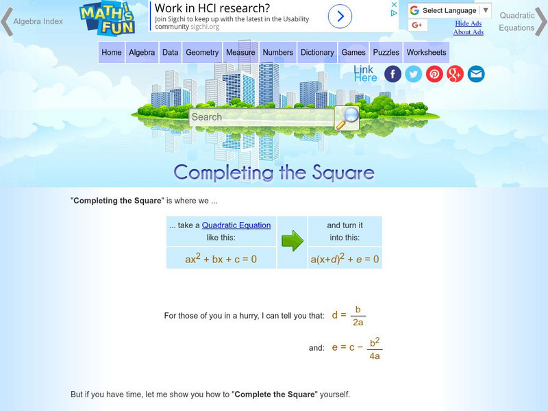 Math Is Fun: Completing the Square Activity Math Is Fun: Completing the Square Activity