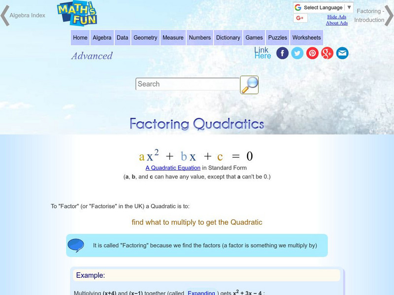 Math Is Fun: Factoring Quadratics Activity Math Is Fun: Factoring Quadratics Activity