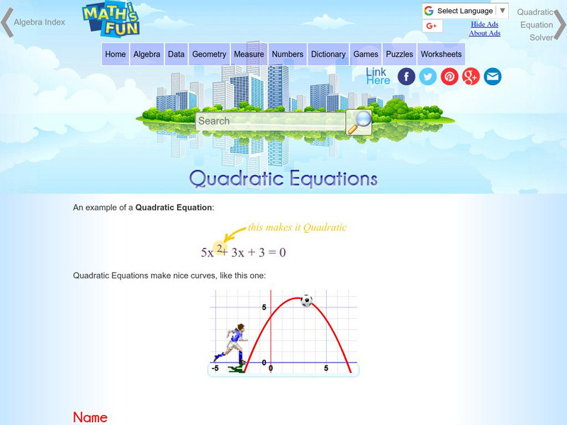 Math Is Fun: Quadratic Equation Activity Math Is Fun: Quadratic Equation Activity