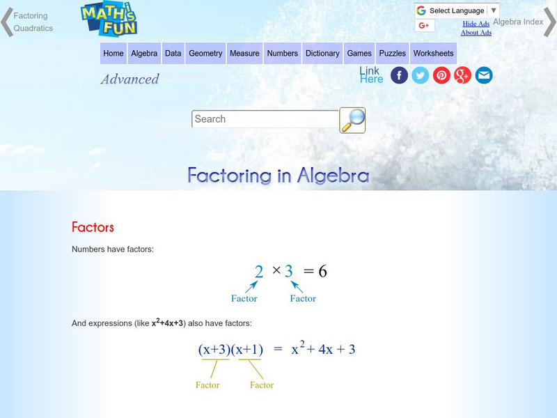 Math Is Fun: Factoring (Introduction) Activity Math Is Fun: Factoring (Introduction) Activity