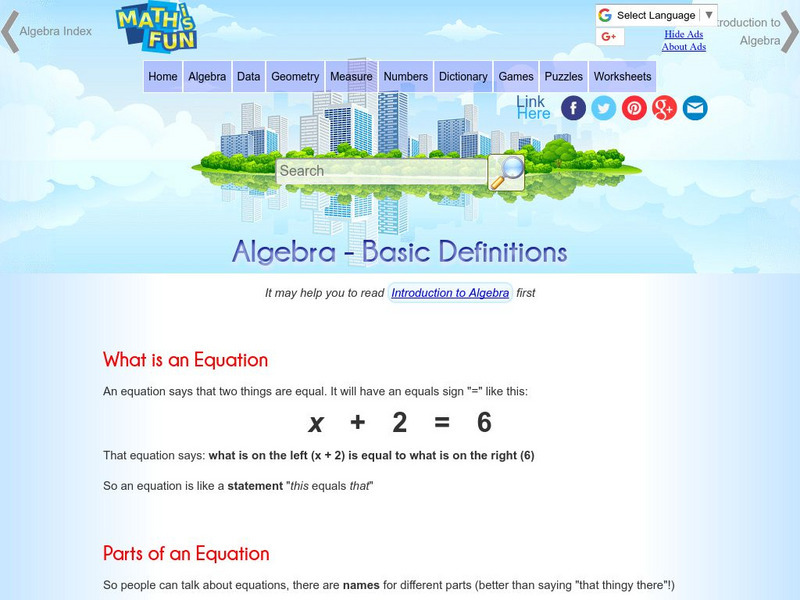 Math Is Fun: Algebra: Basic Definitions Activity Math Is Fun: Algebra: Basic Definitions Activity