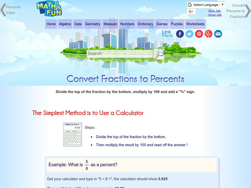 Math Is Fun: Convert Fraction to Percent Activity
