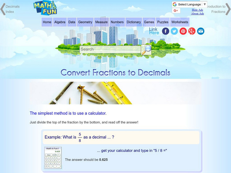 Math Is Fun: Convert Fractions to Decimals Activity
