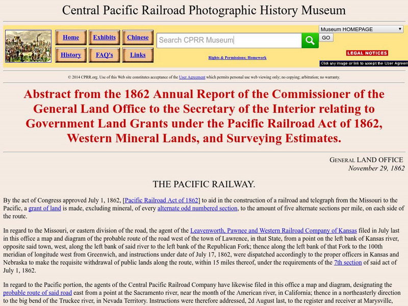 Cprr History Museum: Abstract From the 1862 Annual Report Primary