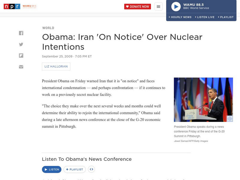 Npr: Obama: Iran 'On Notice' Over Nuclear Intentions Article Npr: Obama: Iran 'On Notice' Over Nuclear Intentions Article