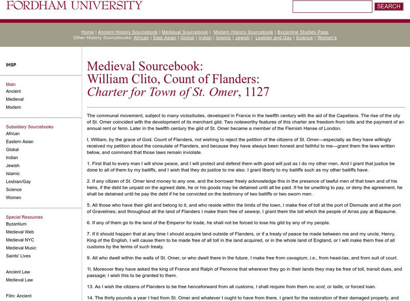 Fordham University: Medieval Sourcebook: Charter for Town of St. Omer Primary Fordham University: Medieval Sourcebook: Charter for Town of St. Omer Primary