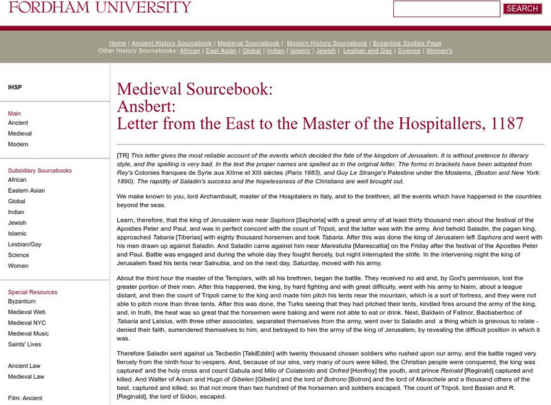 Fordham University: Medieval Sourcebook: Letter From the East to the Master of Hospitallers Primary Fordham University: Medieval Sourcebook: Letter From the East to the Master of Hospitallers Primary