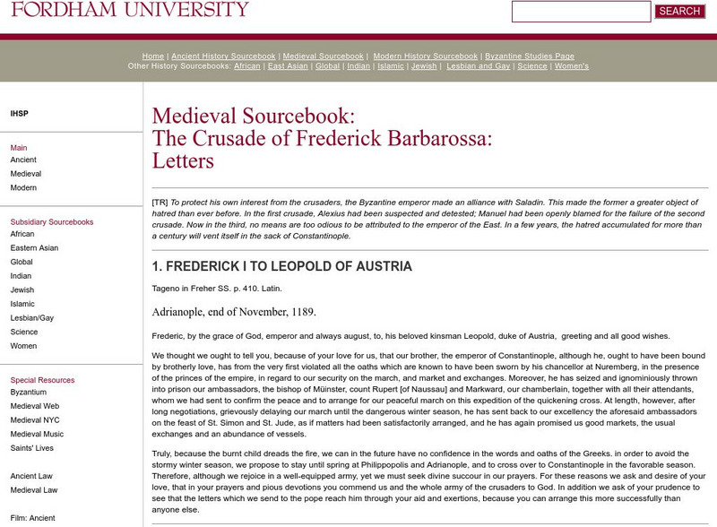 Fordham University: Medieval Sourcebook: Crusade of Frederick Barbarossa Website Fordham University: Medieval Sourcebook: Crusade of Frederick Barbarossa Website