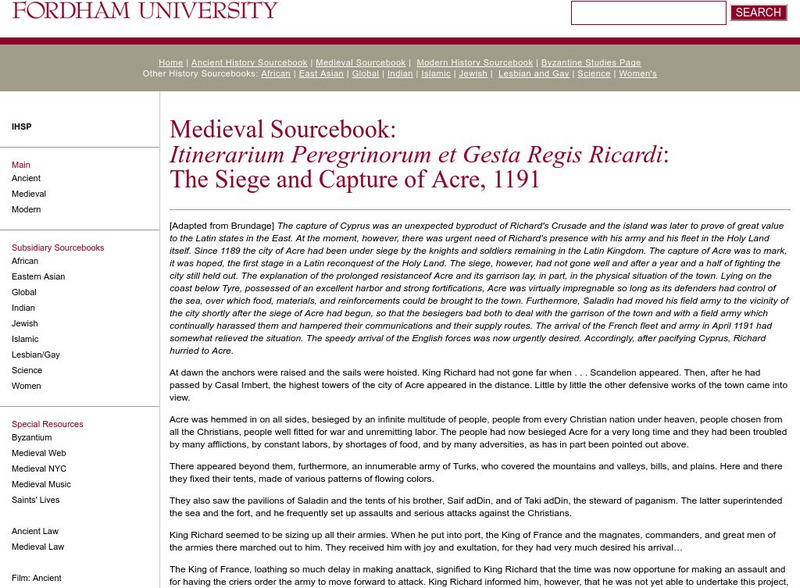 Fordham University: Medieval Sourcebook: The Siege and Capture of Acre Primary Fordham University: Medieval Sourcebook: The Siege and Capture of Acre Primary
