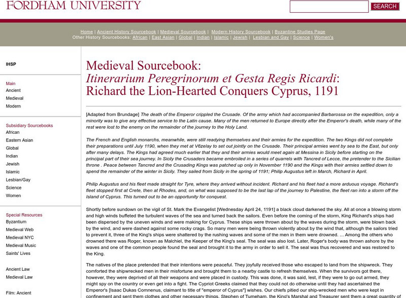 Fordham University: Medieval Sourcebook: Richard Conquers Cyprus Primary Fordham University: Medieval Sourcebook: Richard Conquers Cyprus Primary