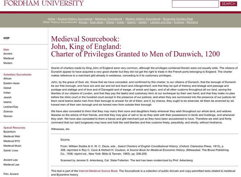 Fordham University: Medieval Sourcebook: Charter Granted to Men of Dunwich Primary Fordham University: Medieval Sourcebook: Charter Granted to Men of Dunwich Primary