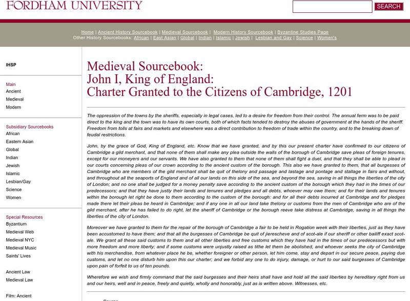 Fordham University: Medieval Sourcebook: Charter Granted to the Cambridge Primary Fordham University: Medieval Sourcebook: Charter Granted to the Cambridge Primary