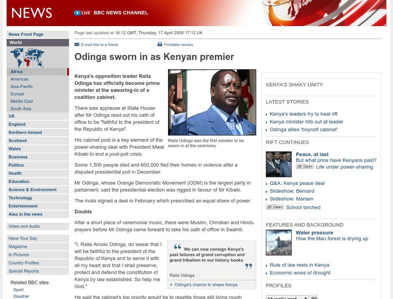 Bbc: Odinga Sworn in as Kenyan Premier Website Bbc: Odinga Sworn in as Kenyan Premier Website