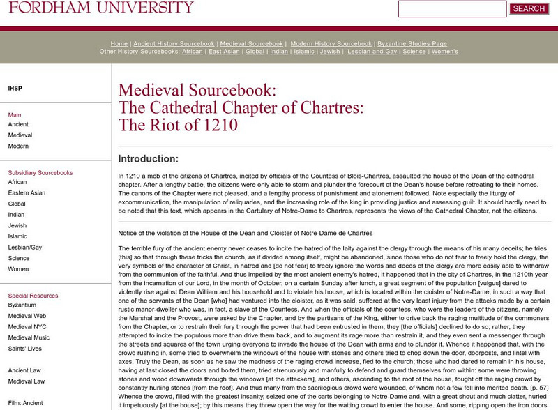 Fordham University: Medieval Sourcebook: Cathedral and the Riot of 1210 Website