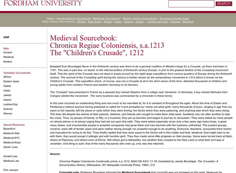 Fordham University: Medieval Sourcebook: Children's Crusade, 1212 Primary Fordham University: Medieval Sourcebook: Children's Crusade, 1212 Primary