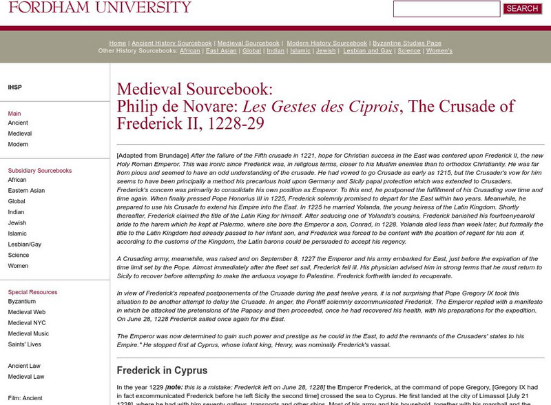 Fordham University: Medieval Sourcebook: The Crusade of Frederick Ii Website Fordham University: Medieval Sourcebook: The Crusade of Frederick Ii Website