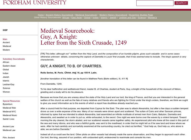 Fordham University: Medieval Sourcebook: Letter From the Sixth Crusade, 1249 Handout Fordham University: Medieval Sourcebook: Letter From the Sixth Crusade, 1249 Handout
