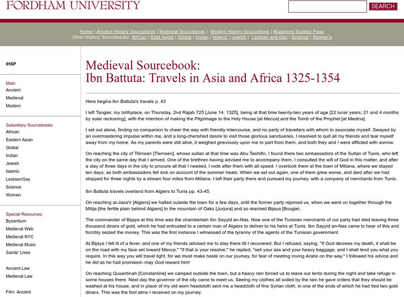 Fordham University: Medieval Sourcebook: Ibn Battuta: Travels in Asia and Africa Handout
