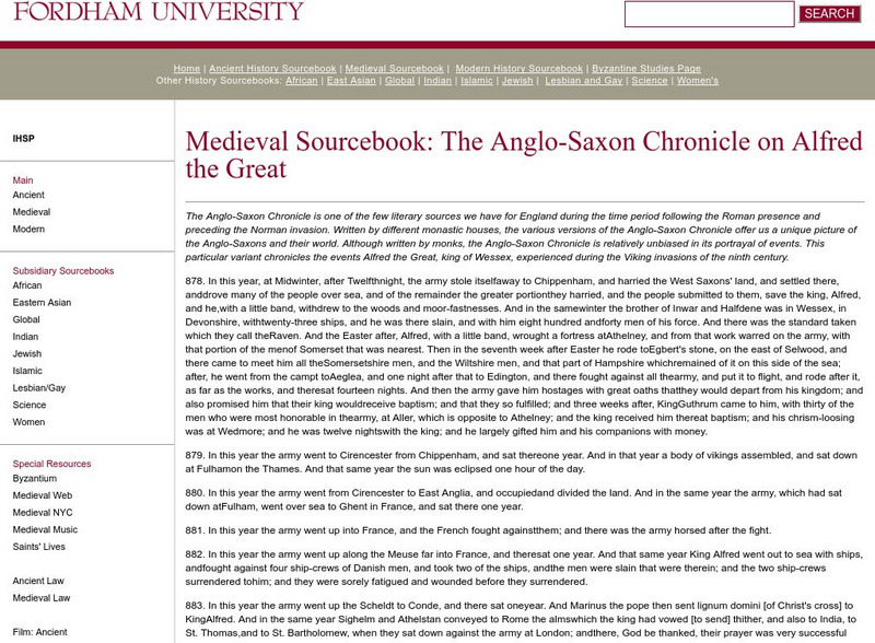 Fordham University: Medieval Sourcebook: The Anglo Saxon Chronicle on Alfred the Great Primary Fordham University: Medieval Sourcebook: The Anglo Saxon Chronicle on Alfred the Great Primary