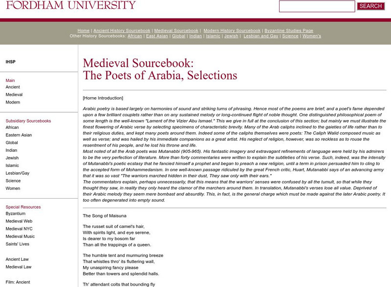 Fordham University: Medieval Sourcebook: The Poets of Arabia Primary Fordham University: Medieval Sourcebook: The Poets of Arabia Primary