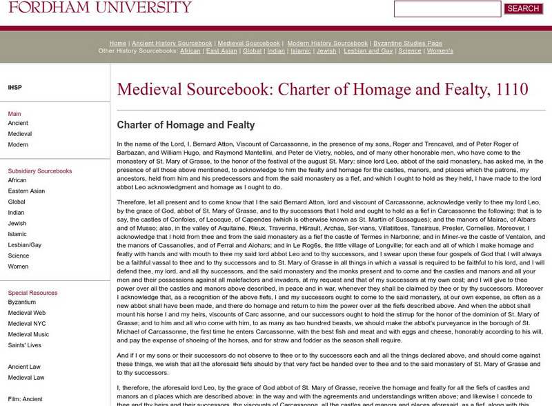 Fordham University: Medieval Sourcebook: Charter of Homage and Fealty Primary Fordham University: Medieval Sourcebook: Charter of Homage and Fealty Primary