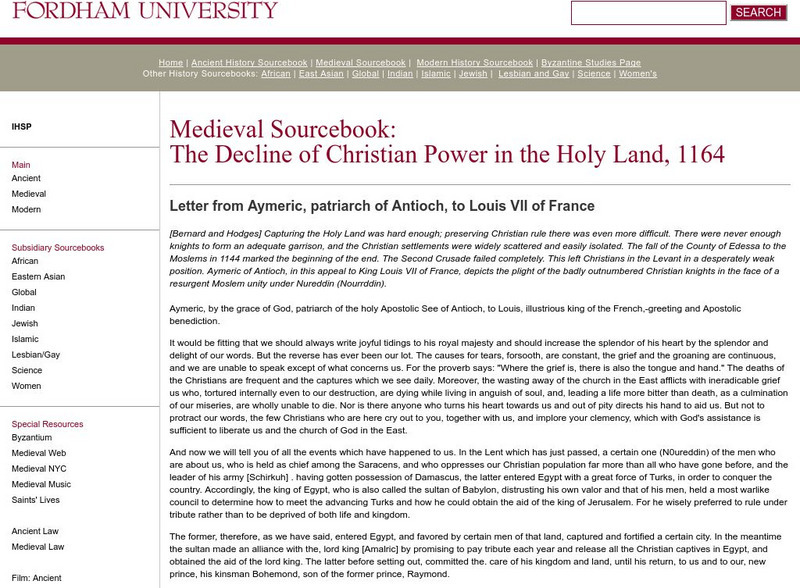 Fordham University: Medieval Sourcebook: The Decline of Christian Power in the Holy Land Website Fordham University: Medieval Sourcebook: The Decline of Christian Power in the Holy Land Website