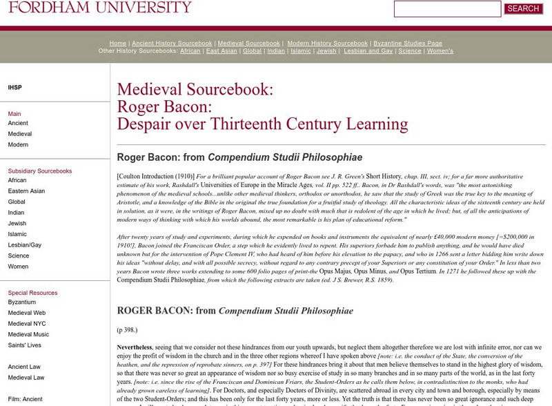Fordham University: Medieval Sourcebook: Roger Bacon 13th Century Learning Handout Fordham University: Medieval Sourcebook: Roger Bacon 13th Century Learning Handout