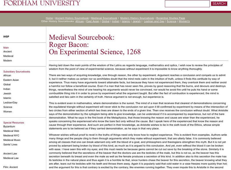 Fordham University: Medieval Sourcebook: Roger Bacon Handout Fordham University: Medieval Sourcebook: Roger Bacon Handout