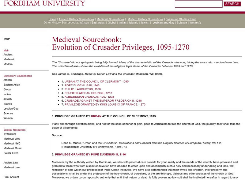 Fordham University: Medieval Sourcebook: Evolution of Crusader Privileges Handout Fordham University: Medieval Sourcebook: Evolution of Crusader Privileges Handout