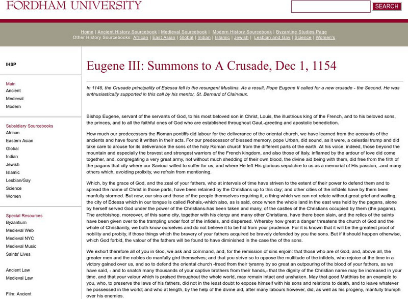 Fordham University: Medieval Sourcebook: Summons to a Crusade Primary Fordham University: Medieval Sourcebook: Summons to a Crusade Primary