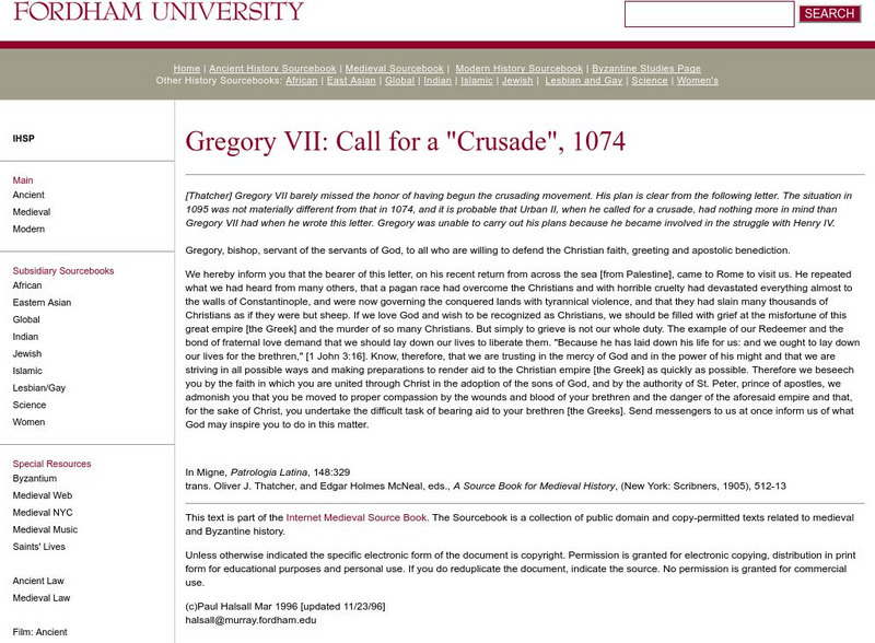 Fordham University: Medieval Sourcebook: Gregory Vii "Crusade" Website Fordham University: Medieval Sourcebook: Gregory Vii "Crusade" Website