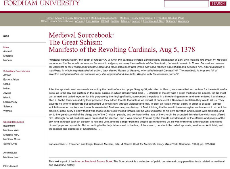 Fordham University: Medieval Sourcebook: The Great Schism: Manifesto of Revolting Cardinals Handout Fordham University: Medieval Sourcebook: The Great Schism: Manifesto of Revolting Cardinals Handout