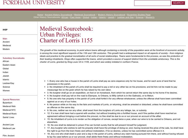 Fordham University: Medieval Sourcebook: Charter of Lorris Primary Fordham University: Medieval Sourcebook: Charter of Lorris Primary