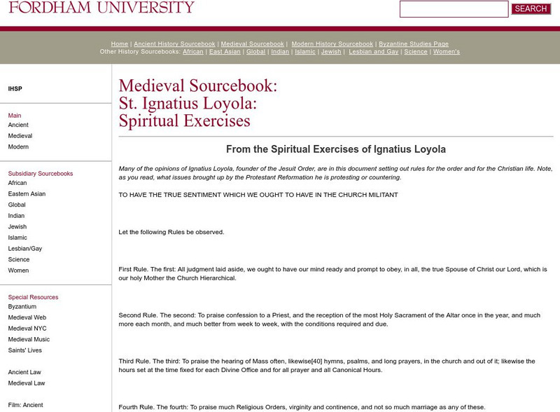 Fordham University: Medieval Sourcebook: St. Ignatius of Loyola Primary