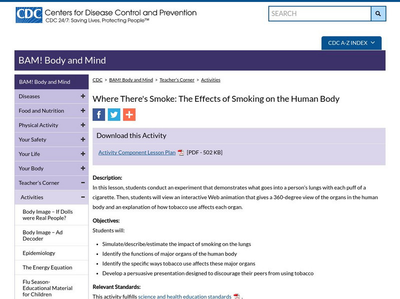 Centers for Disease Control: Bam! Body and Mind: Teacher's Corner: Effects of Smoking on the Body [Pdf] Lesson Plan