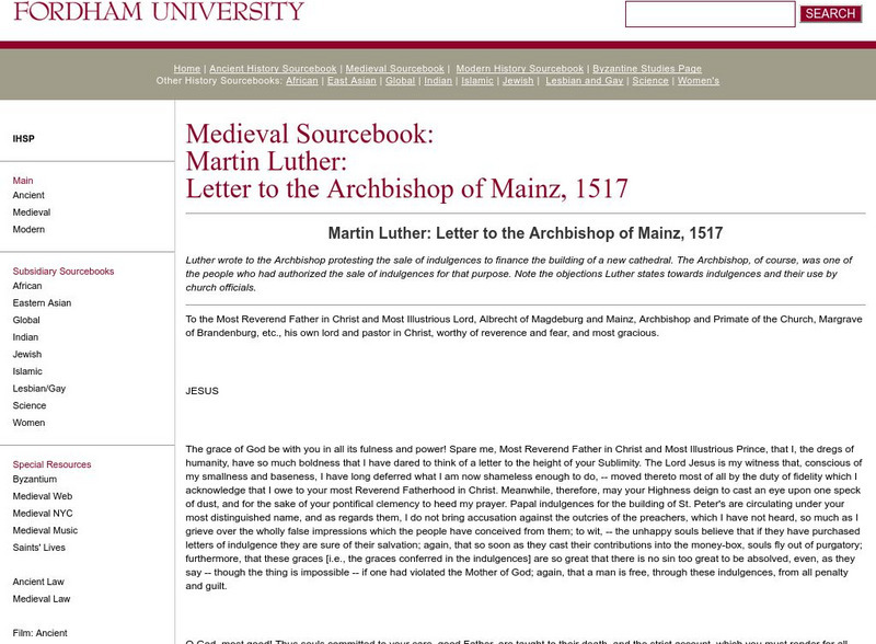 Fordham University: Medieval Sourcebook: Letter to the Archbishop of Mainz Primary Fordham University: Medieval Sourcebook: Letter to the Archbishop of Mainz Primary