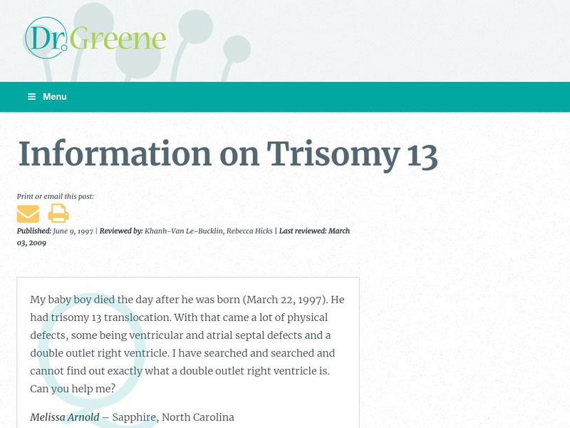 Dr. Greene's House Calls: Trisomy 13 Website Dr. Greene's House Calls: Trisomy 13 Website