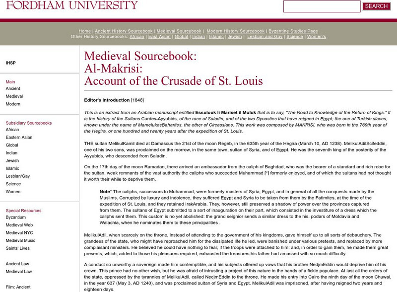 Fordham University: Medieval Sourcebook: Crusade of St. Louis Website Fordham University: Medieval Sourcebook: Crusade of St. Louis Website