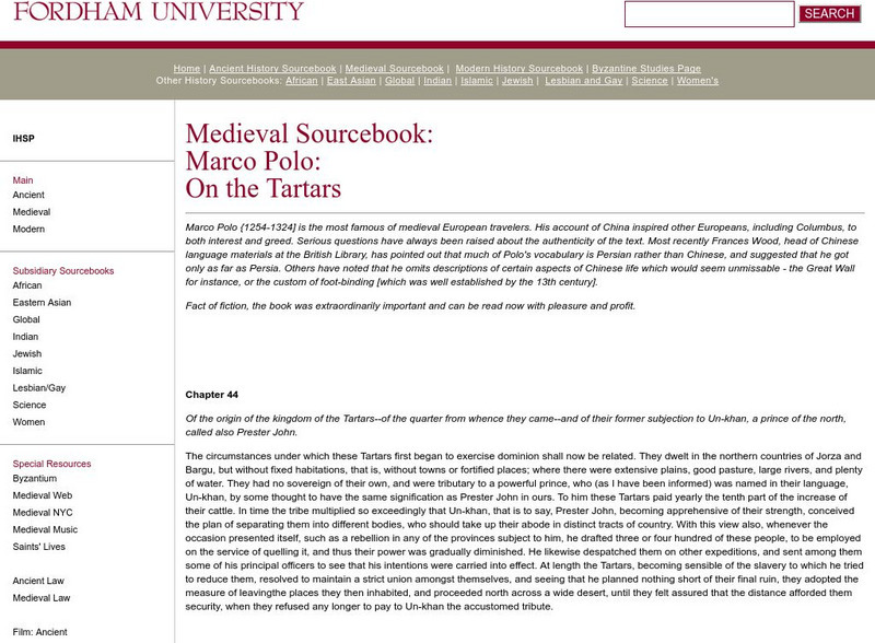 Fordham University: Medieval Sourcebook: Marco Polo on the Tartars Primary