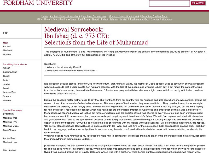 Fordham University: Medieval Sourcebook: Life of Muhammad Handout Fordham University: Medieval Sourcebook: Life of Muhammad Handout