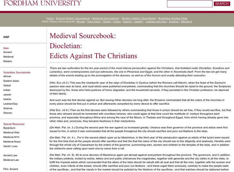 Fordham University: Medieval Sourcebook: Edicts Against Christians Handout Fordham University: Medieval Sourcebook: Edicts Against Christians Handout