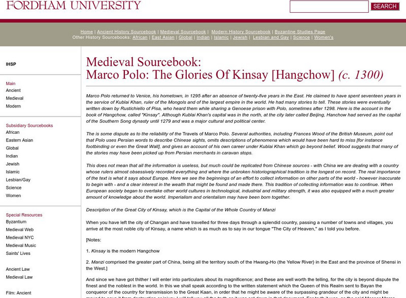 Fordham University: Medieval Sourcebook: Marco Polo: The Glories of Kinsay Primary