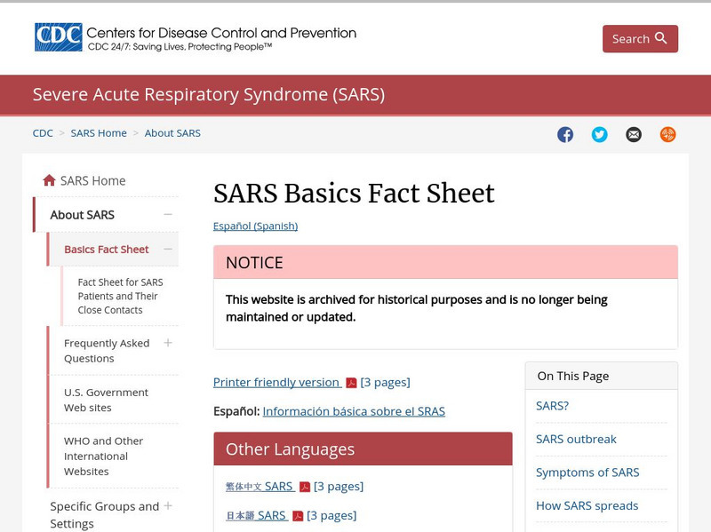 Centers for Disease Control: Severe Acute Respiratory Syndrome (Sars) Handout